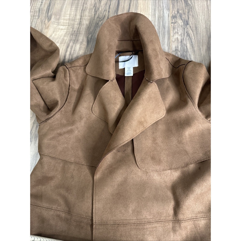 H&M Faux Suede Oversized Jacket Womens XS Tan Longline Coat Belted Pockets - Picture 9 of 14